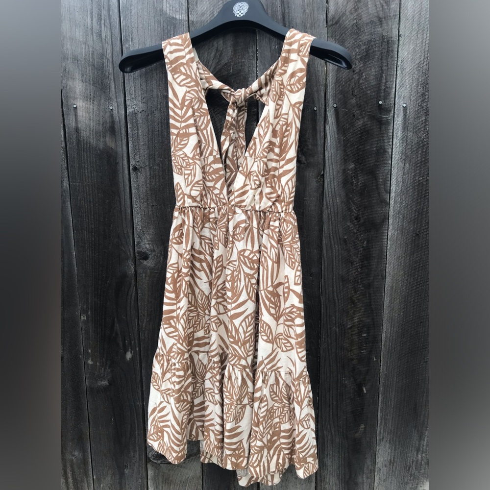 House of Harlow1960 Linen Brown & Beige Tropical Leaf Dress Size XS